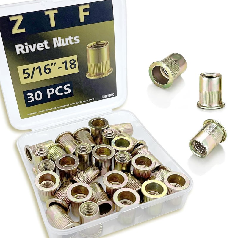 ZTF SAE 8-32 10-24 1/4-20 5/16-18 3/8 Inch-16UNC Rivet Nut Assortment Kit, Yellow Zinc Flat Head Rivnut Set, Threaded Insert Nutsert Rivnuts for Metal, Plastic, Fiberglass (5/16"-18UNC) - Image 1